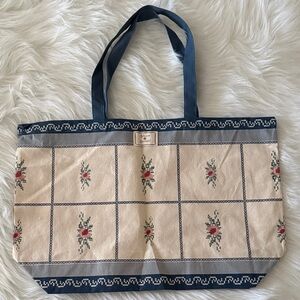 Sezane Floral Canvas Tote - Blue and Cream